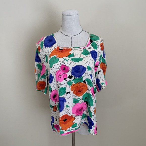 Vintage 80s Stracci Custom Vibrant Silk Floral Print Blouse Top Skirt Set Ungaro - Picture 9 of 11